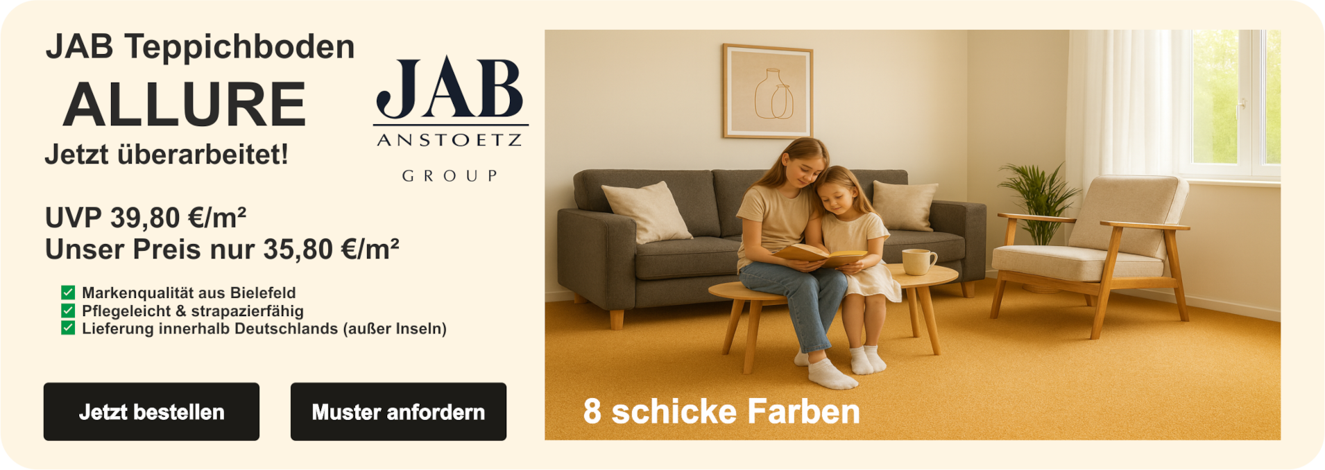 „JAB Teppichboden Allure – Farbton sonne, luxuriöser Velours mit feiner Struktur“